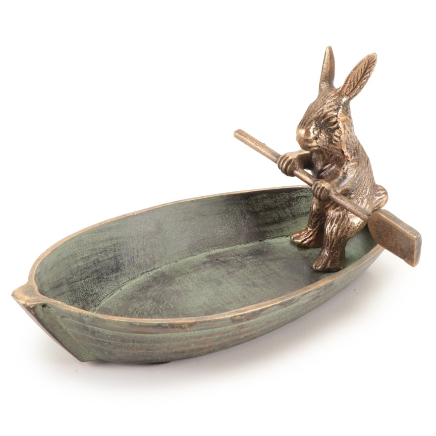 Patinated Cast Metal Rabbit in Rowboat Trinket Dish