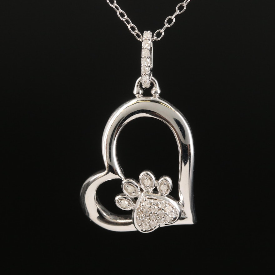 Hallmark Sterling Diamond Paw Print Heart Pendant Necklace