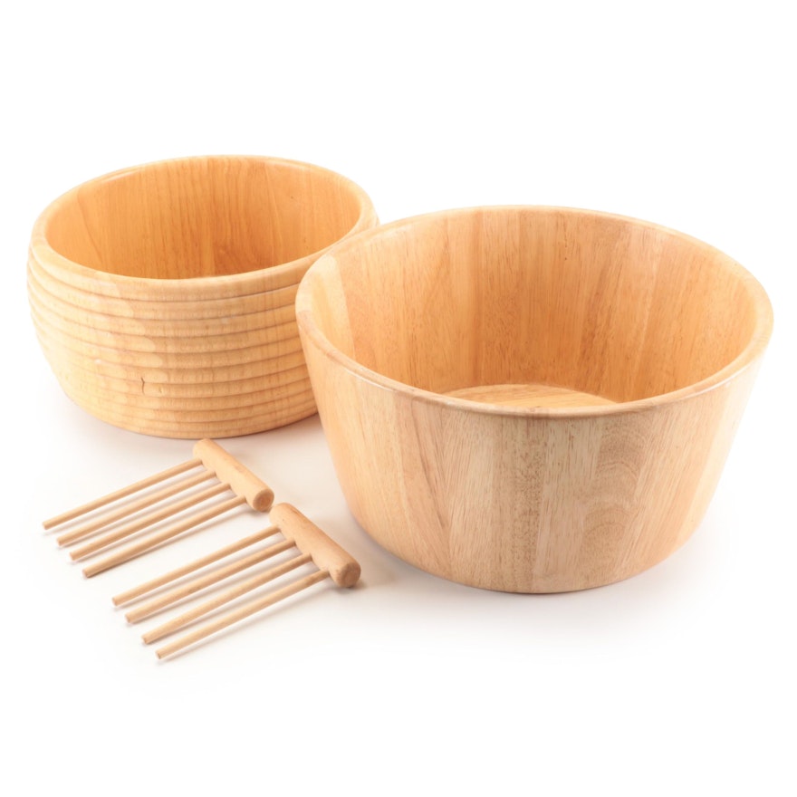 Staved Wooden Salad Bowls with Salad Servers