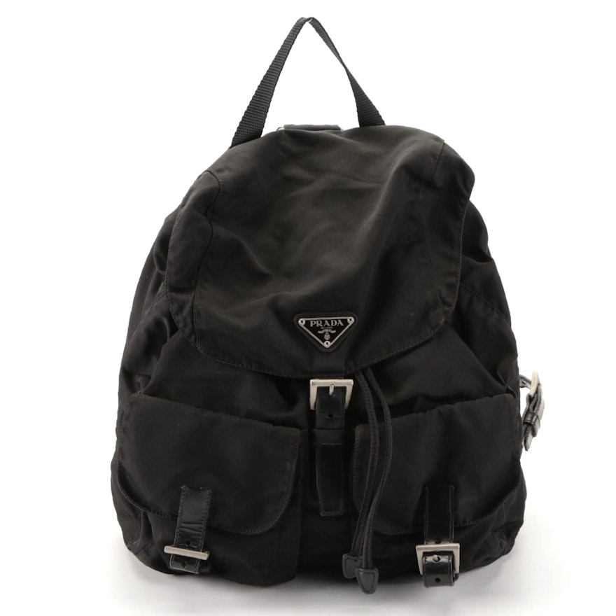 Prada Drawstring Backpack in Black Tessuto Nylon with Leather Trim