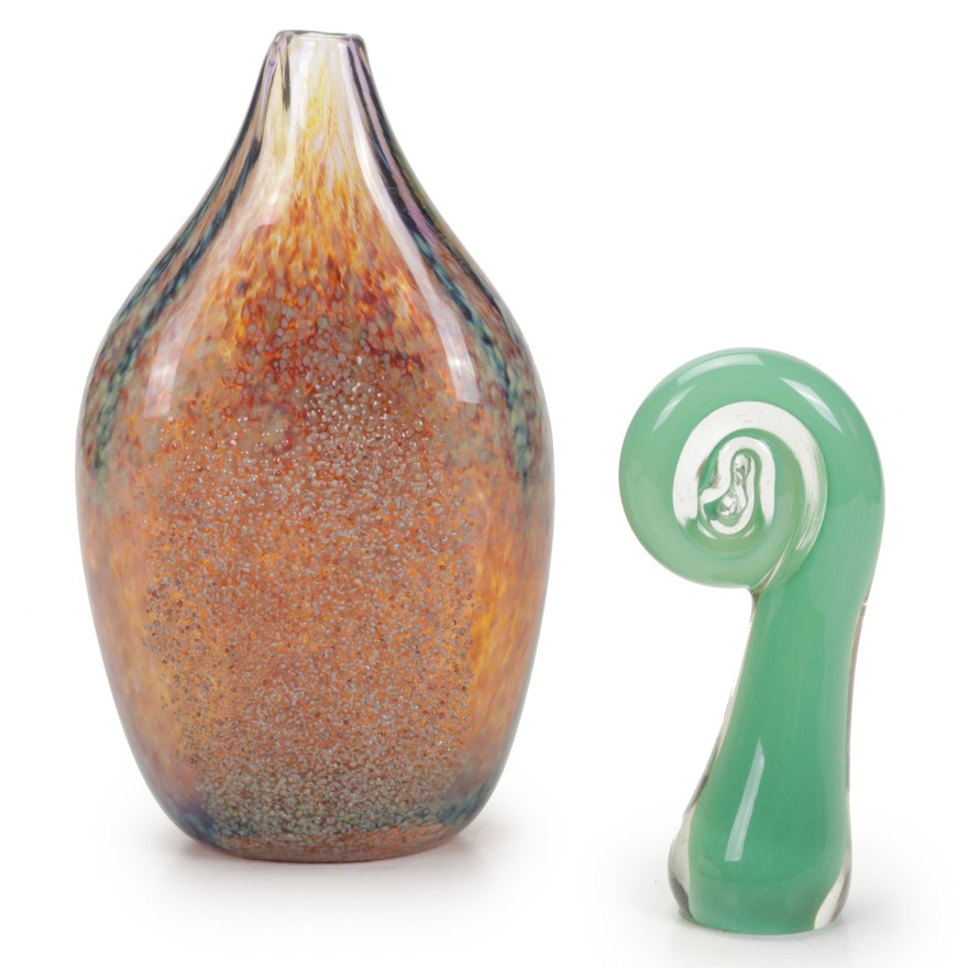 Artist Handblown Frit Glass Vase With Koru Glass Figurine