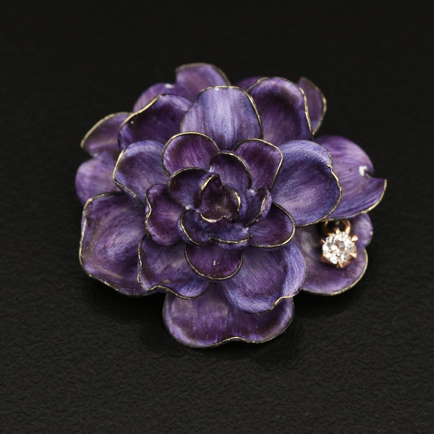 Art Nouveau 14K Diamond Flower Brooch