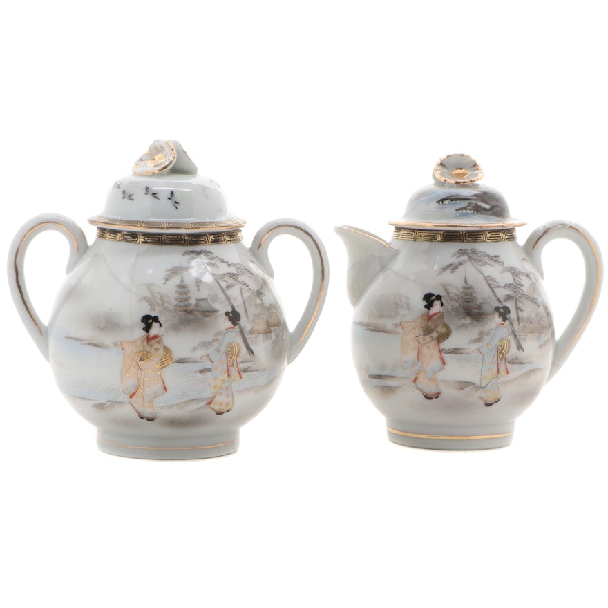 Japanese Hand-Painted  Porcelain Creamer and Sugar