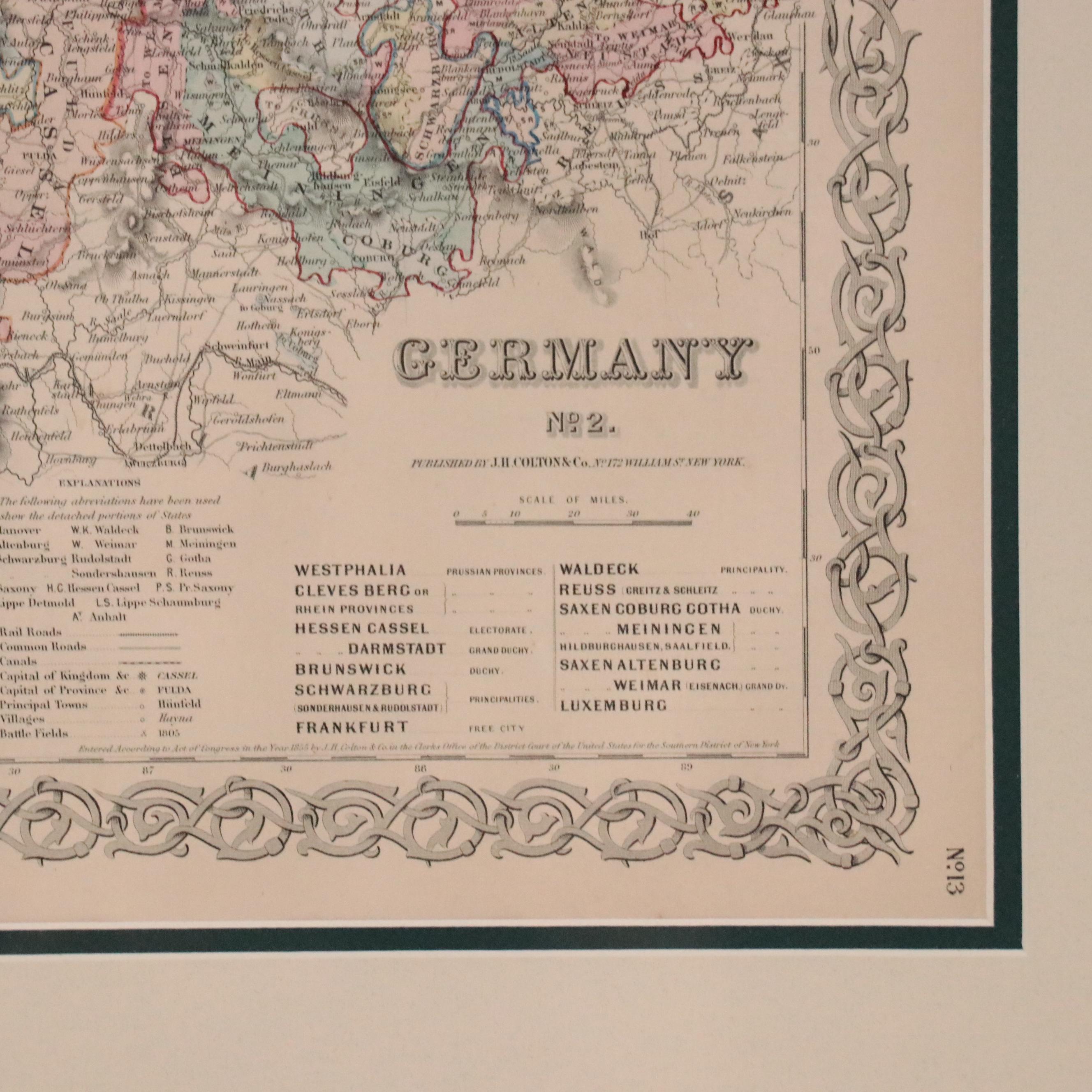 J. H. Colton & Co. Hand-Colored Engraving Map "Germany No. 2"