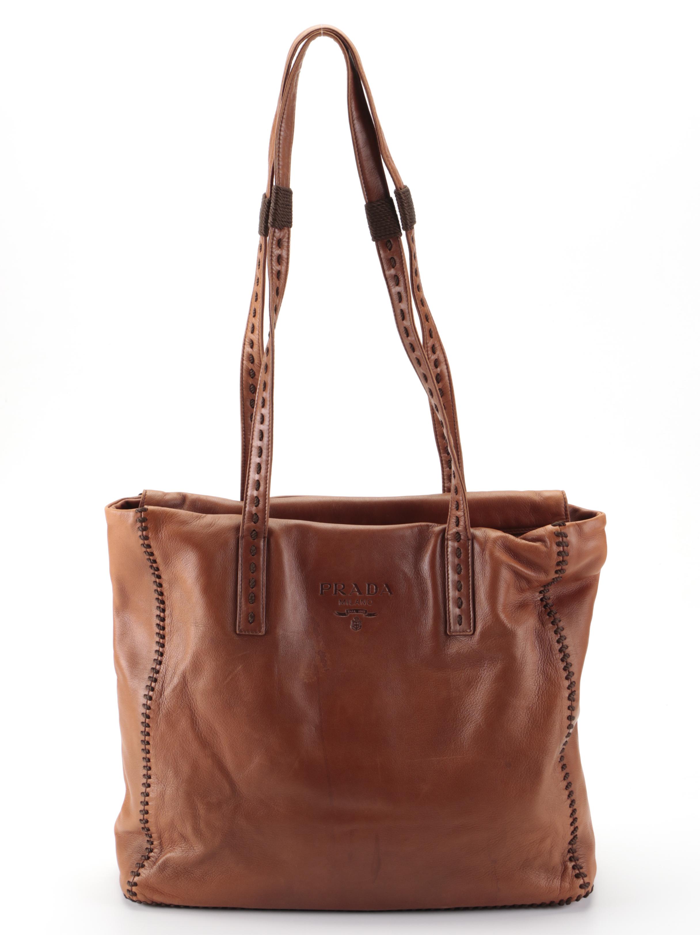 Prada Whipstitch Tote in Brown Vitello Lux Leather