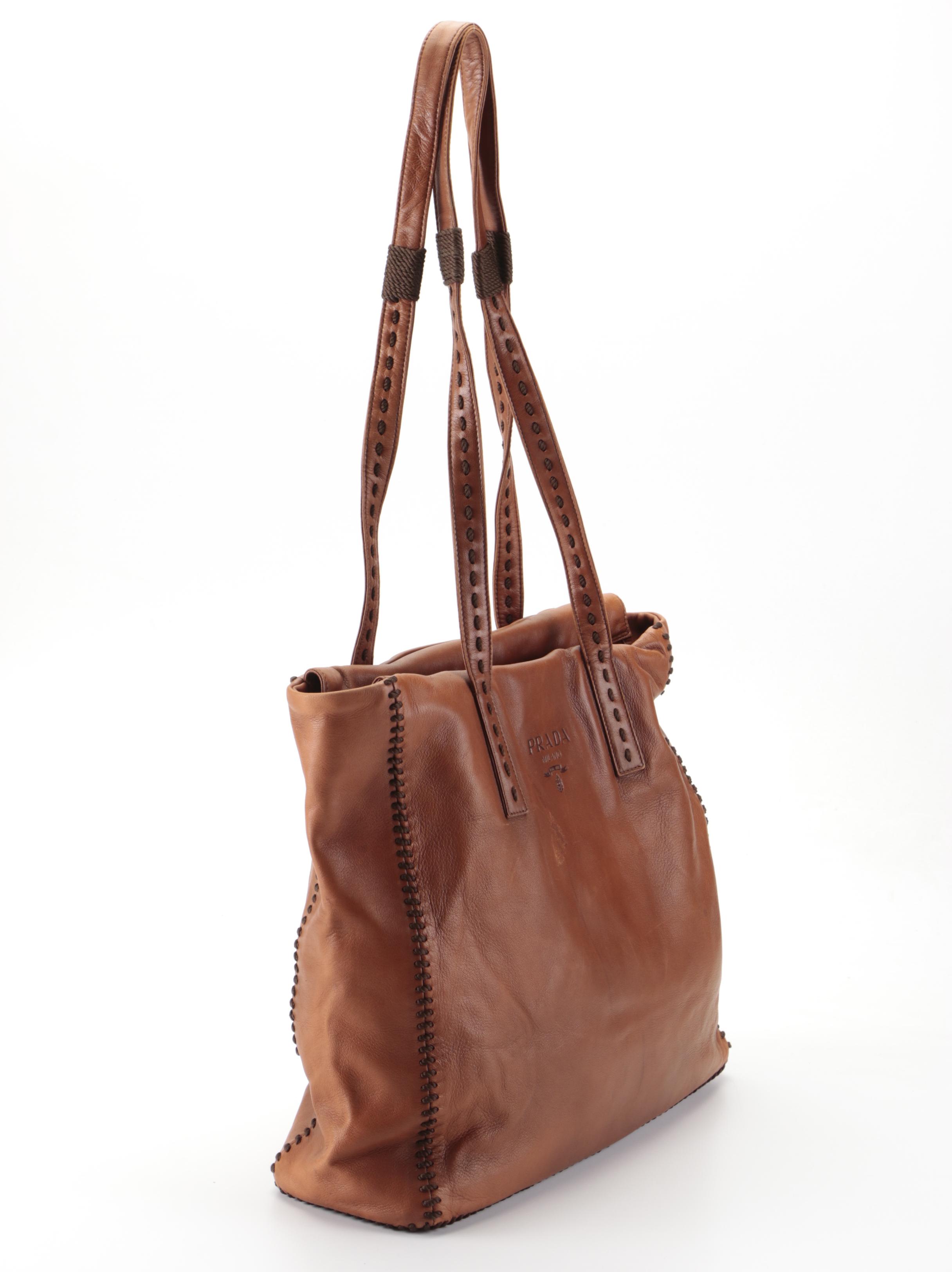 Prada Whipstitch Tote in Brown Vitello Lux Leather