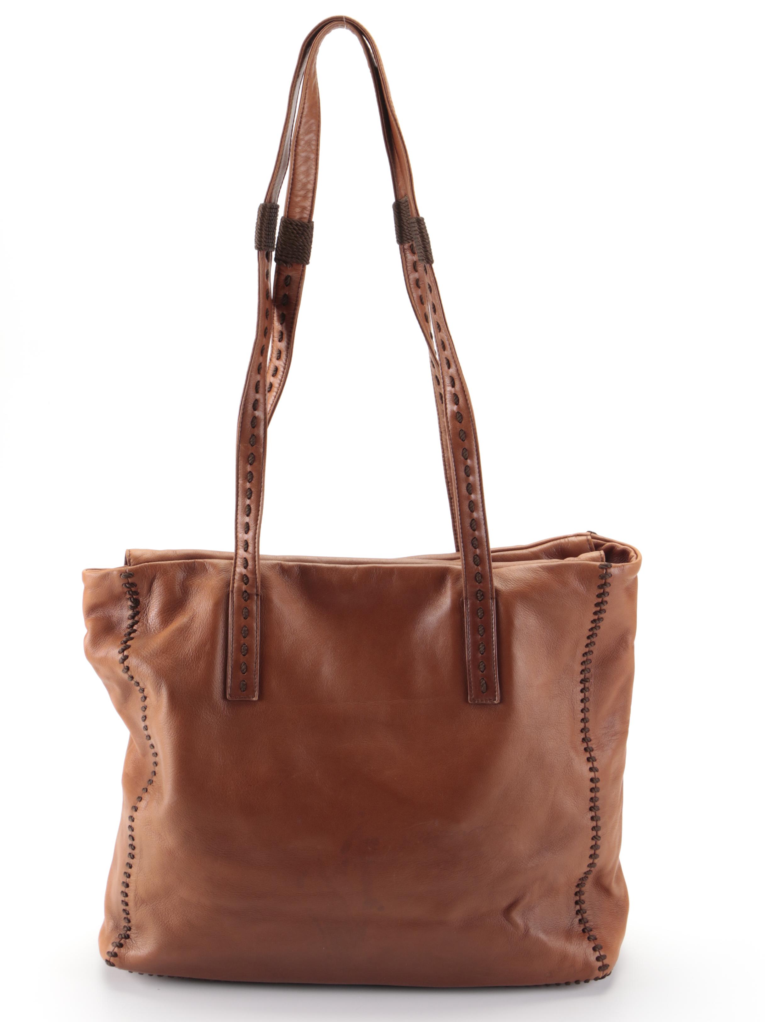 Prada Whipstitch Tote in Brown Vitello Lux Leather