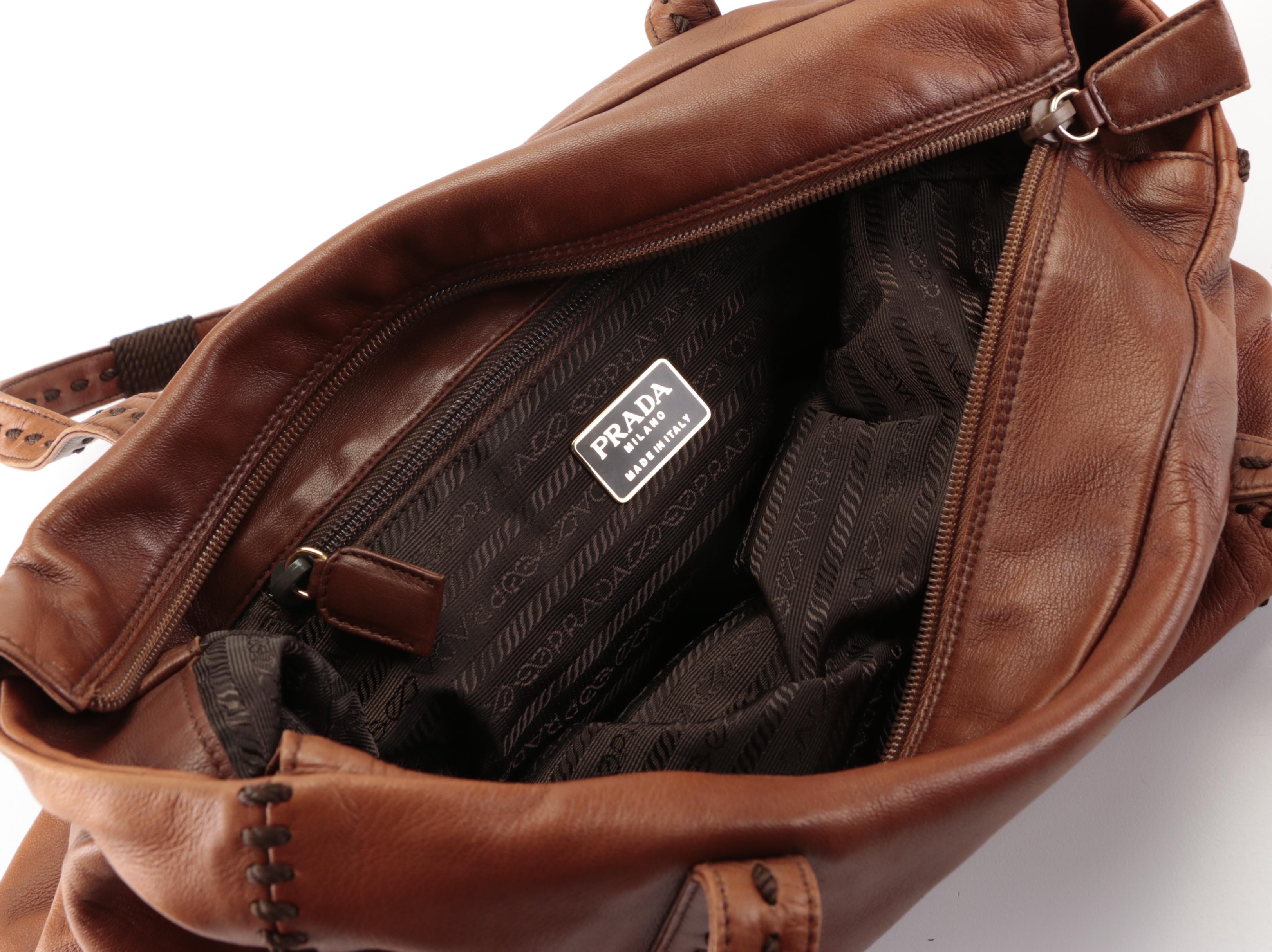 Prada Whipstitch Tote in Brown Vitello Lux Leather