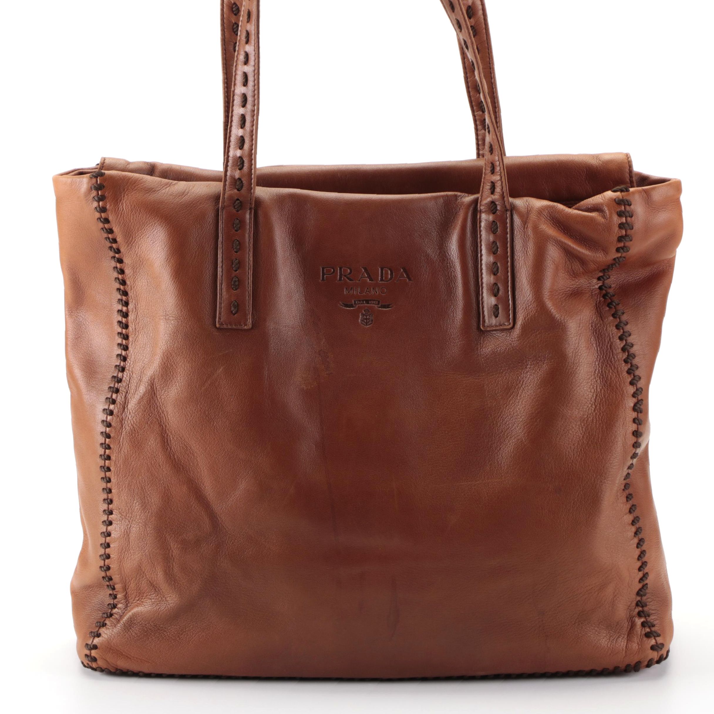 Prada Whipstitch Tote in Brown Vitello Lux Leather