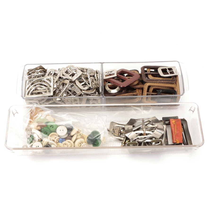 Belt Buckle Collection Including Brass and Leather with Assorted Buttons