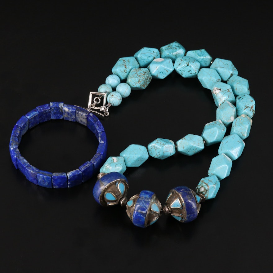 Graduated Necklace and Bracelet with Lapis Lazuli and Magnesite