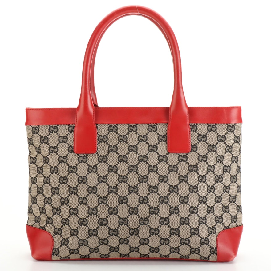 Gucci GG Canvas and Red Leather Tote Bag