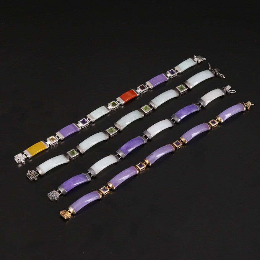 Sterling Jadeite and Amethyst Curved Bar "Good Fortune" Bracelets