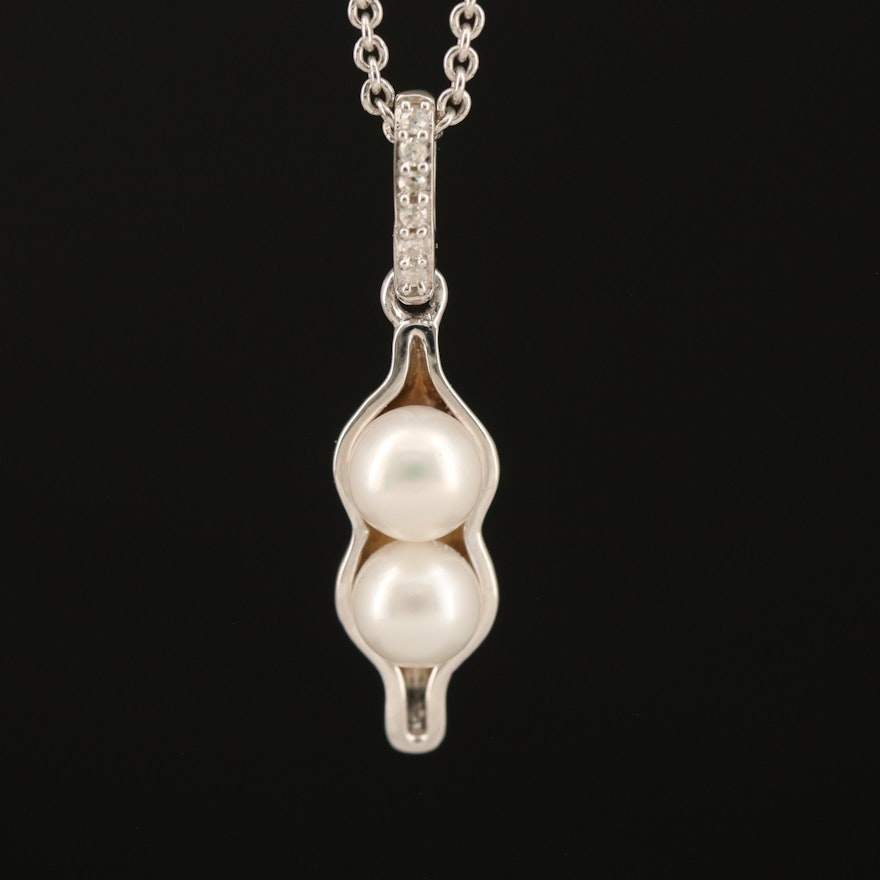 Sterling Pearl and Diamond Pea Pod Pendant Necklace
