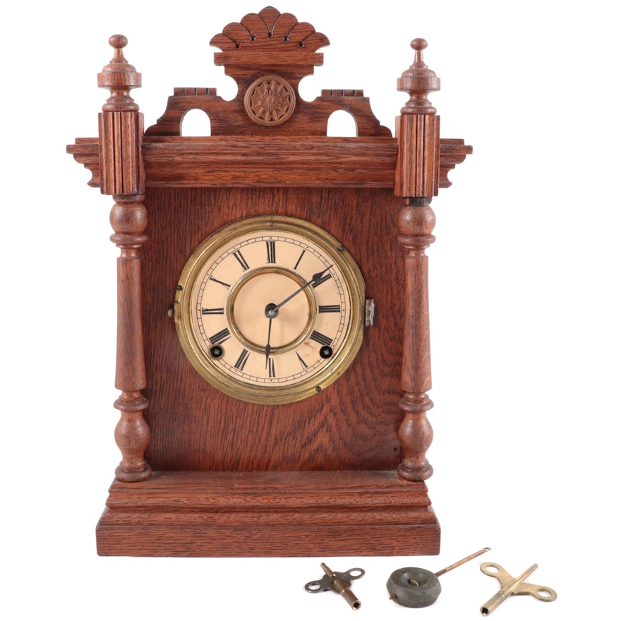 Ansonia "Troy" Eastlake Pressed Oak Mantel Clock, Late 19th/ Early 20th Century