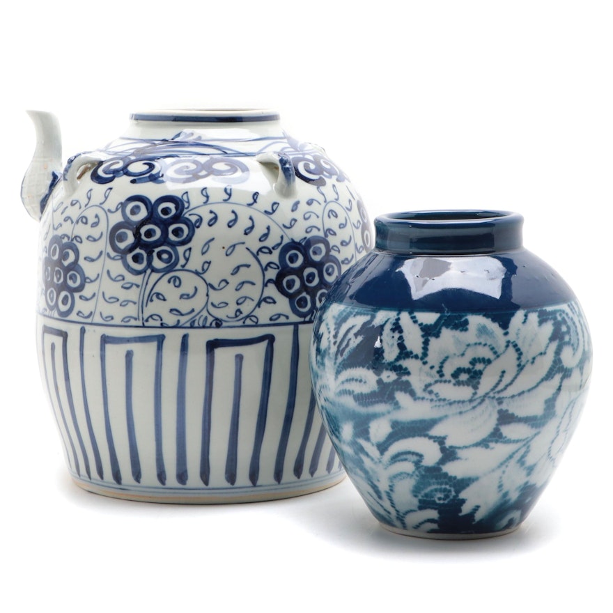 Chinese Blue and White Ceramic Water Pitcher and Hu Form Vase