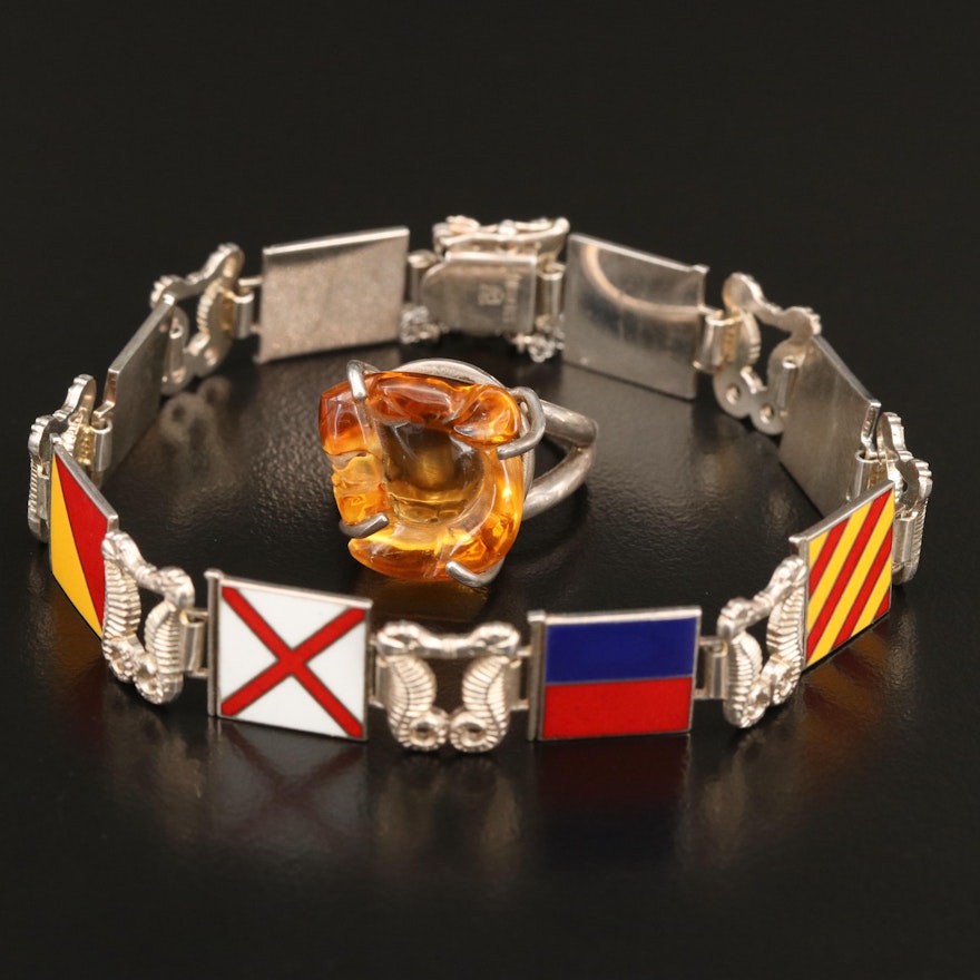 Sterling Nautical Flag "I Love You" Bracelet and Citrine Lion Ring