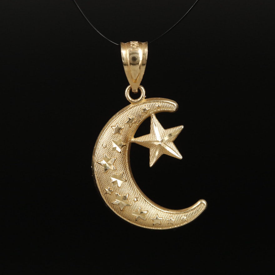 14K Crescent Moon and Star Pendant