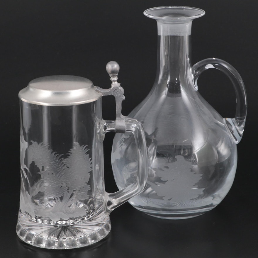 Fidenza Vetraria Engraved Stag Glass Stein and Other Engraved Glass Decanter