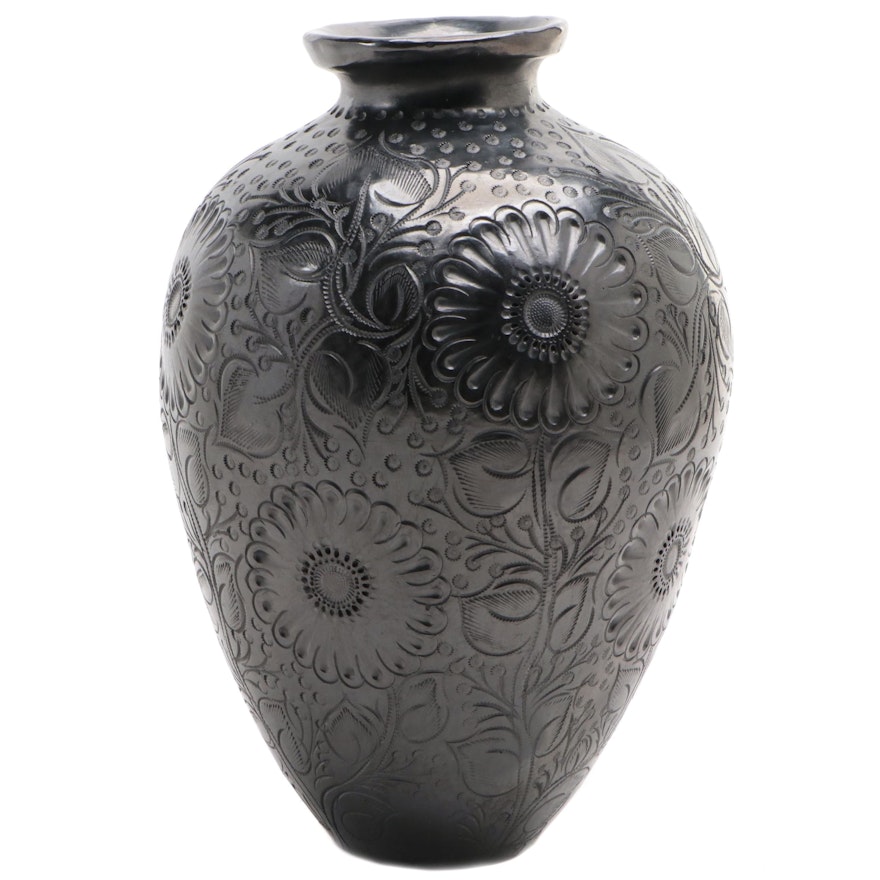 Oaxacan Blackware Floral Etched Ceramic Vase