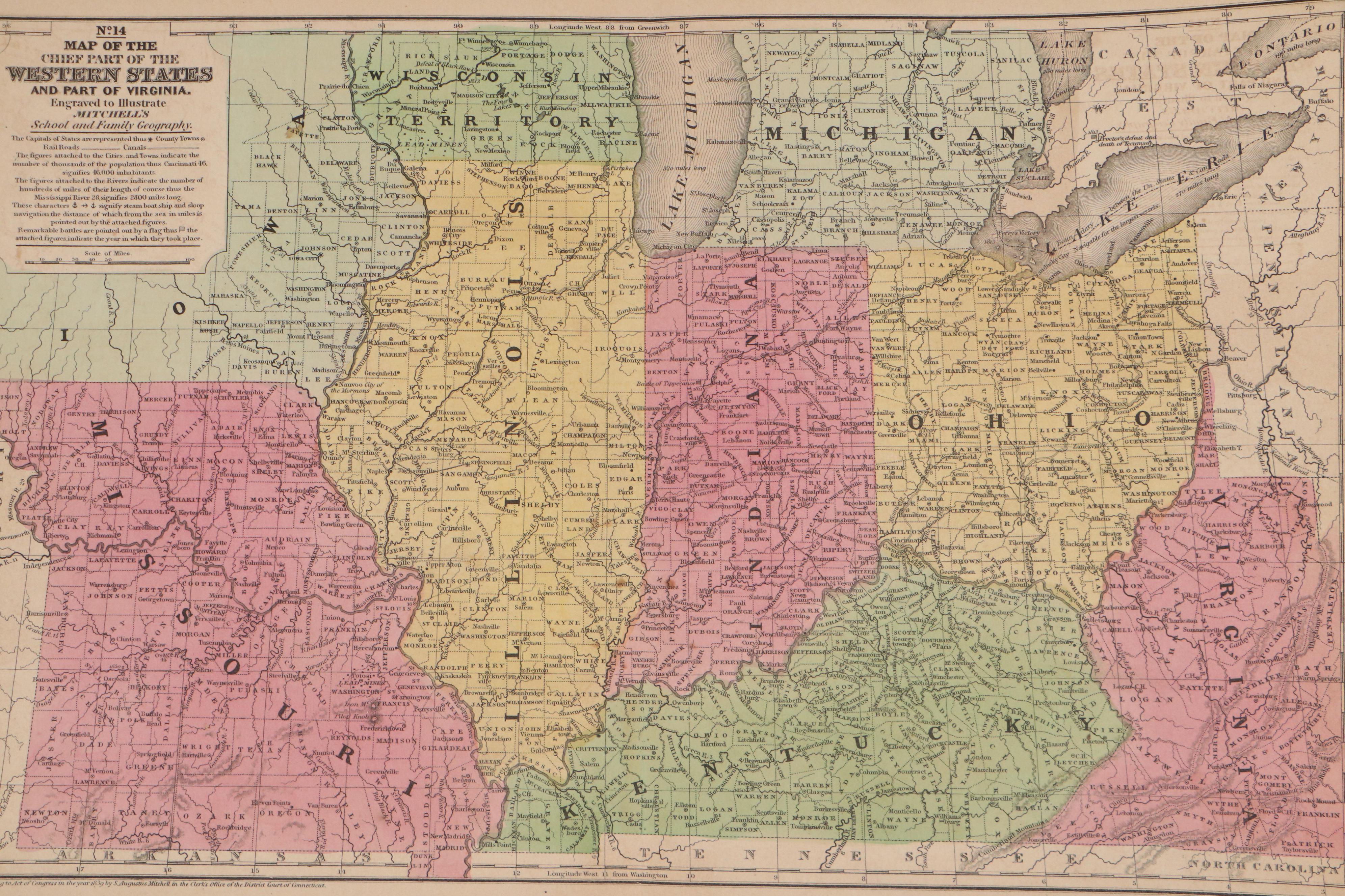 Samuel Augustus Mitchell Hand-Colored Map of Western States, 1839