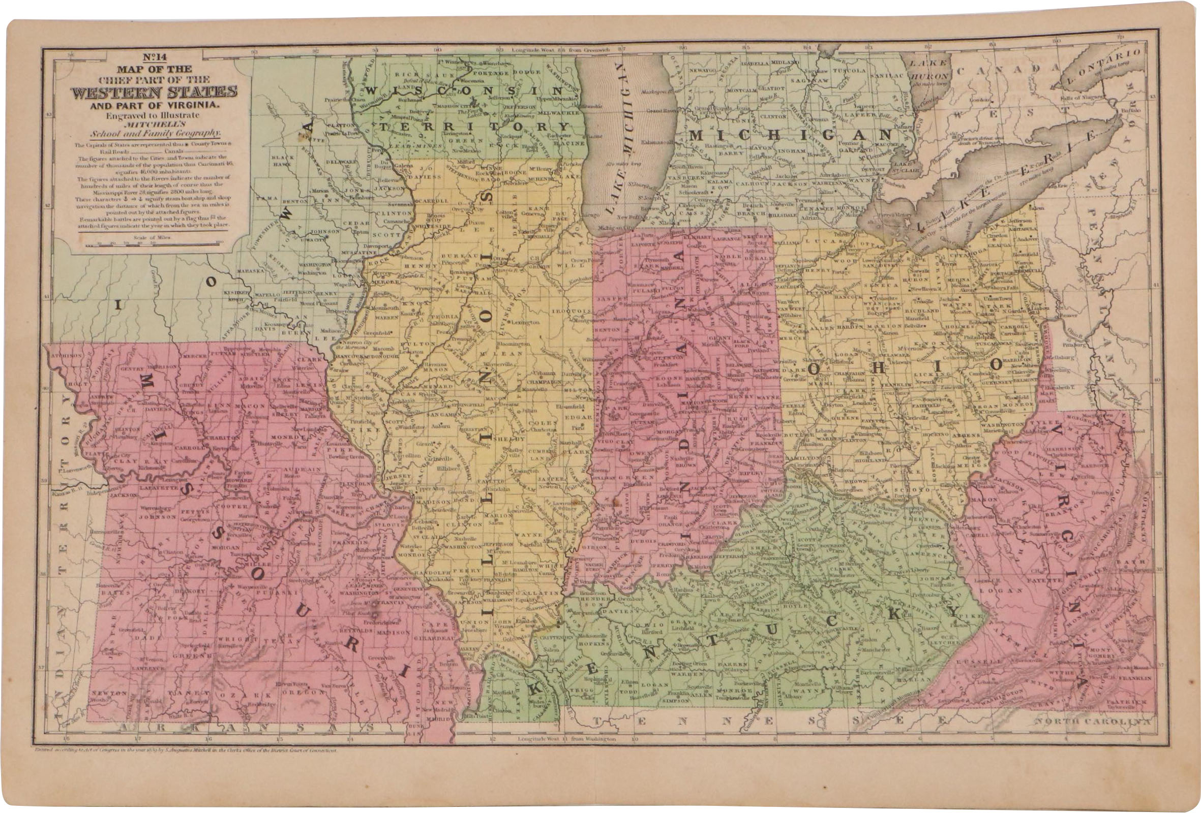 Samuel Augustus Mitchell Hand-Colored Map of Western States, 1839