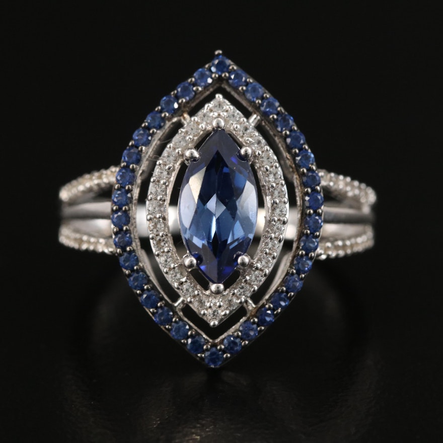 Sterling Blue and White Sapphire Navette Ring