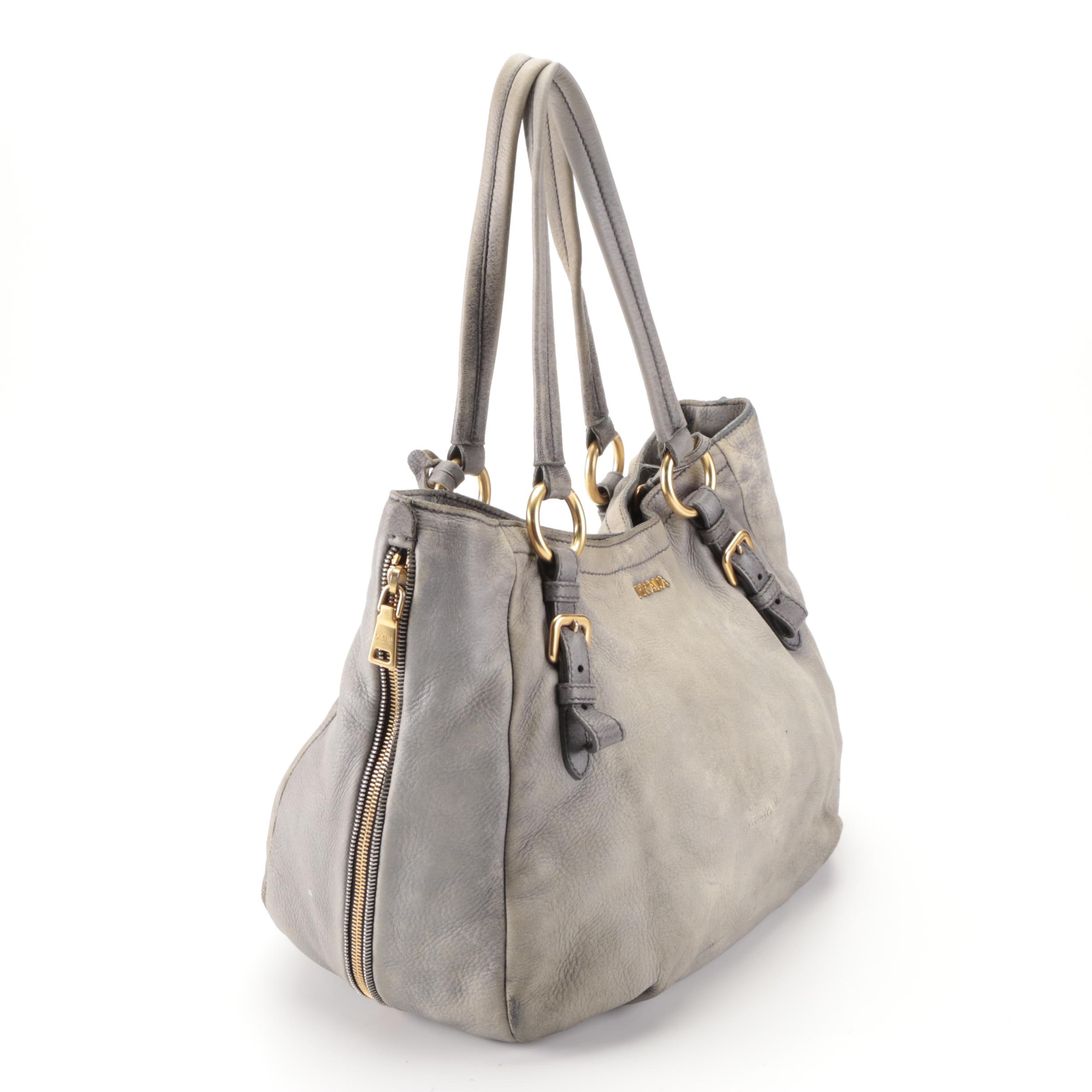 Prada Zippers Shoulder Bag in Distressed Deerskin Leather
