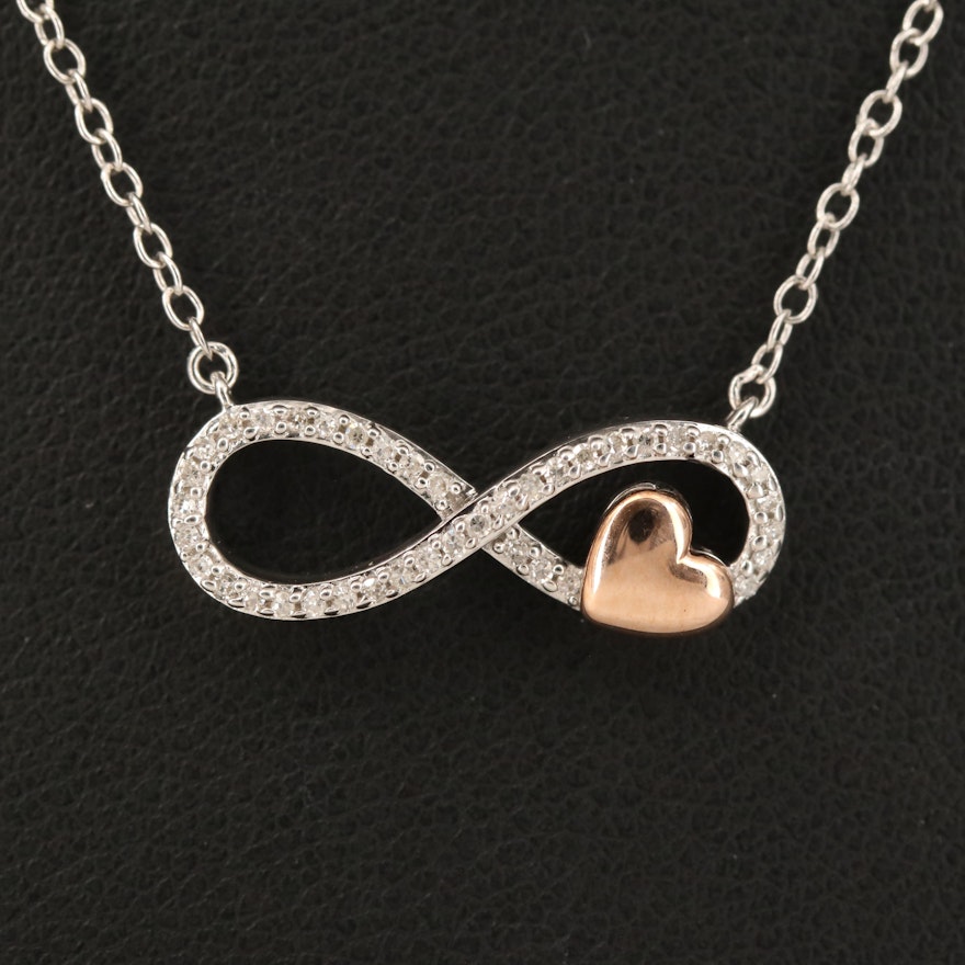 Sterling Diamond Infinity Necklace with 14K Rose Gold Heart Accent