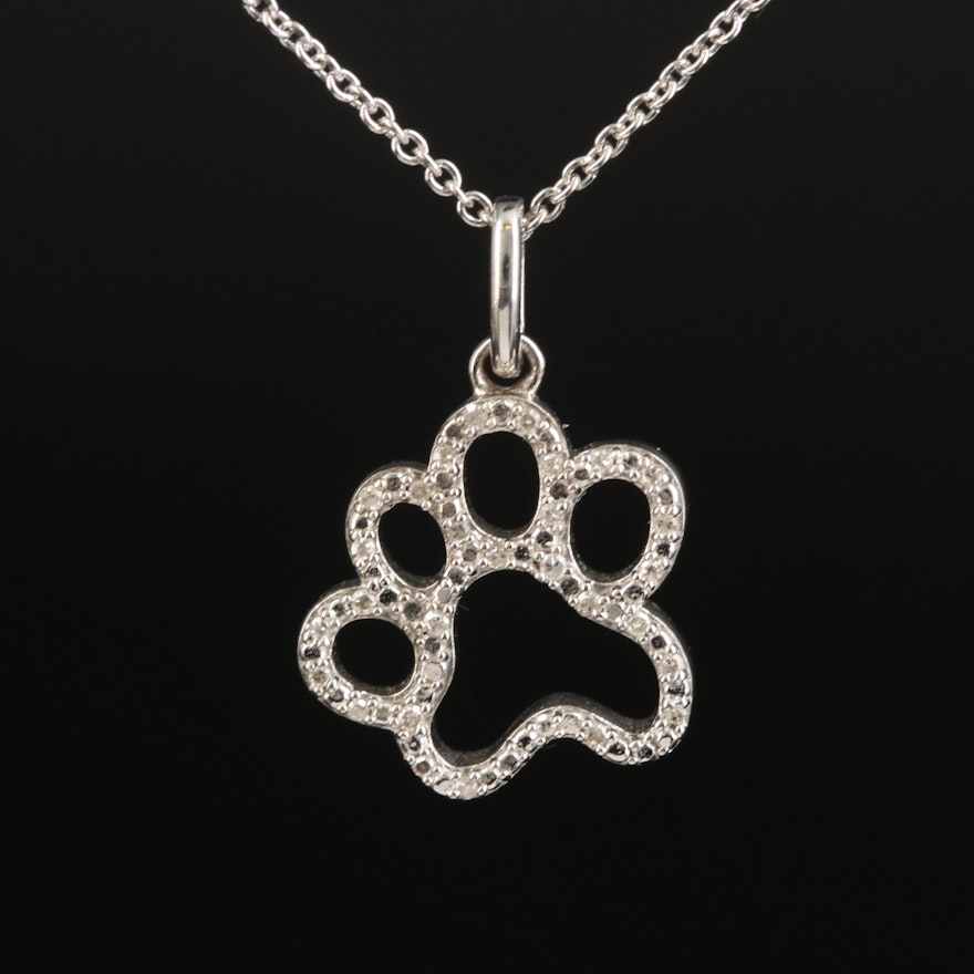 Sterling Diamond Paw Print Pendant Necklace