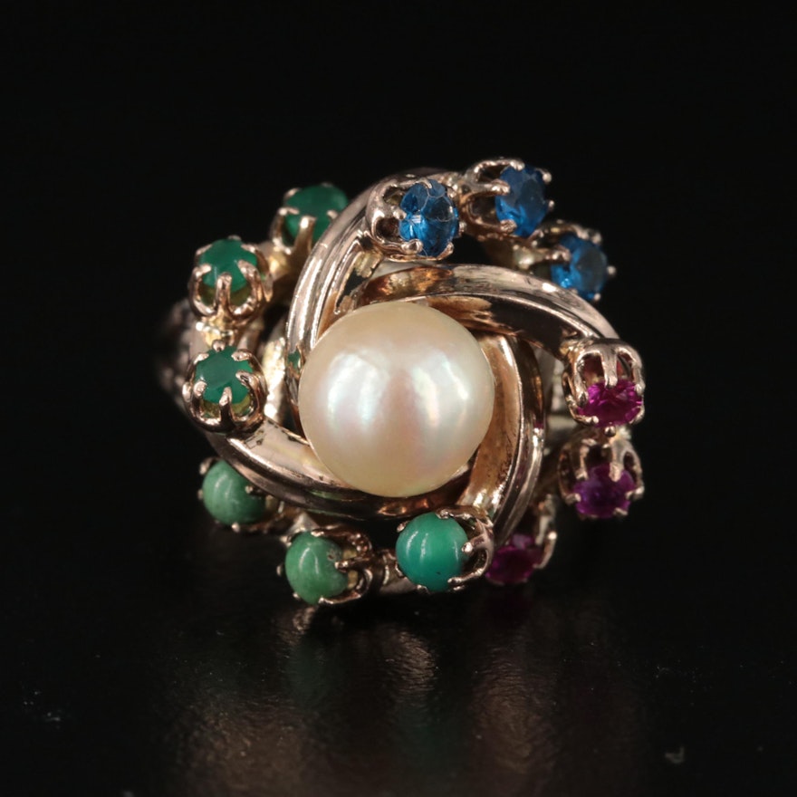 14K Pearl and Multicolor Ring