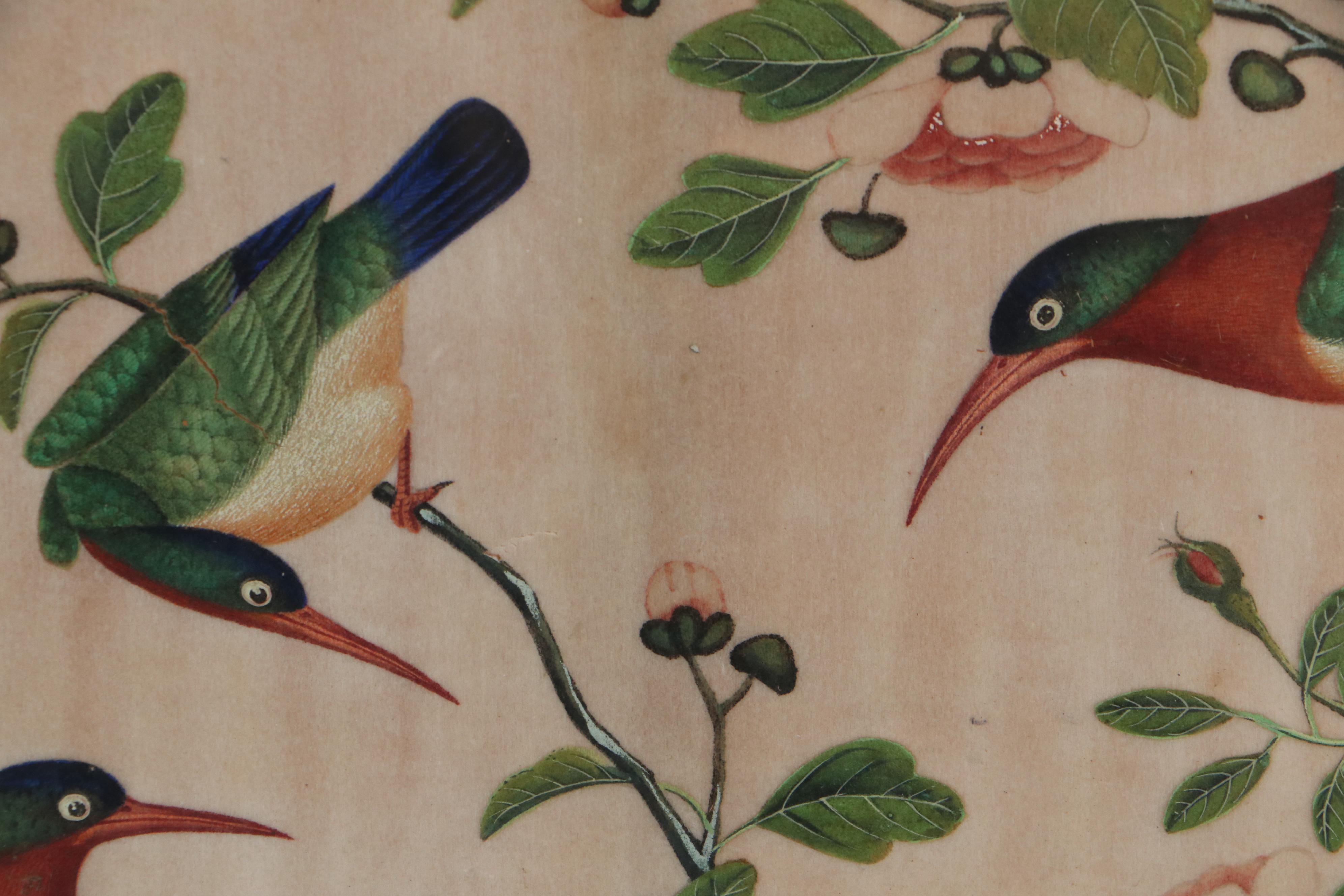 Chinese Pith Painting of Hummingbirds and Flowers, 19th Century