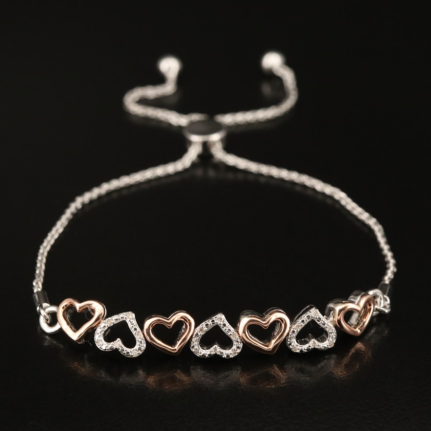 Sterling Silver Diamond Heart Bracelet with 10K Rose Gold Accents