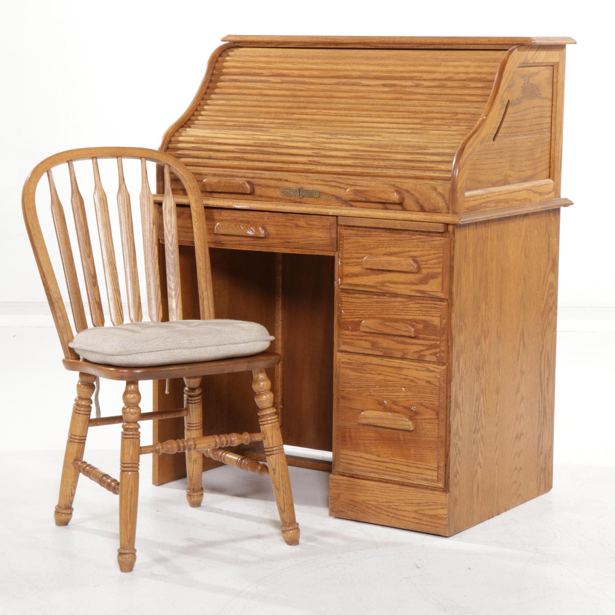 Oak Crest Victorian Style Oak Roll-Top Desk with Chair, Late 20th Century