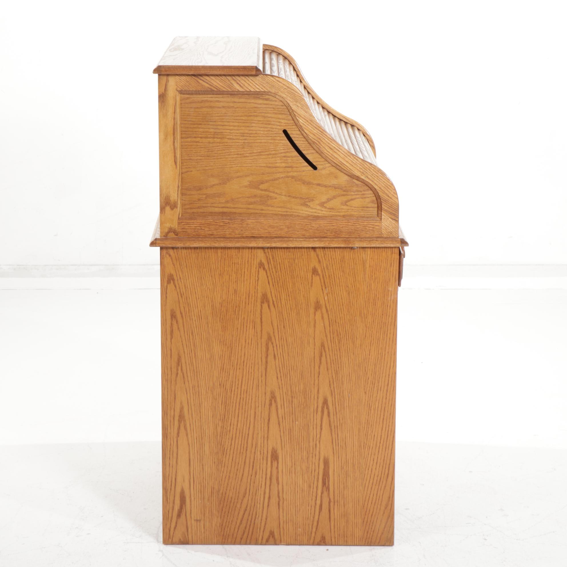 Oak Crest Victorian Style Oak Roll-Top Desk with Chair, Late 20th Century