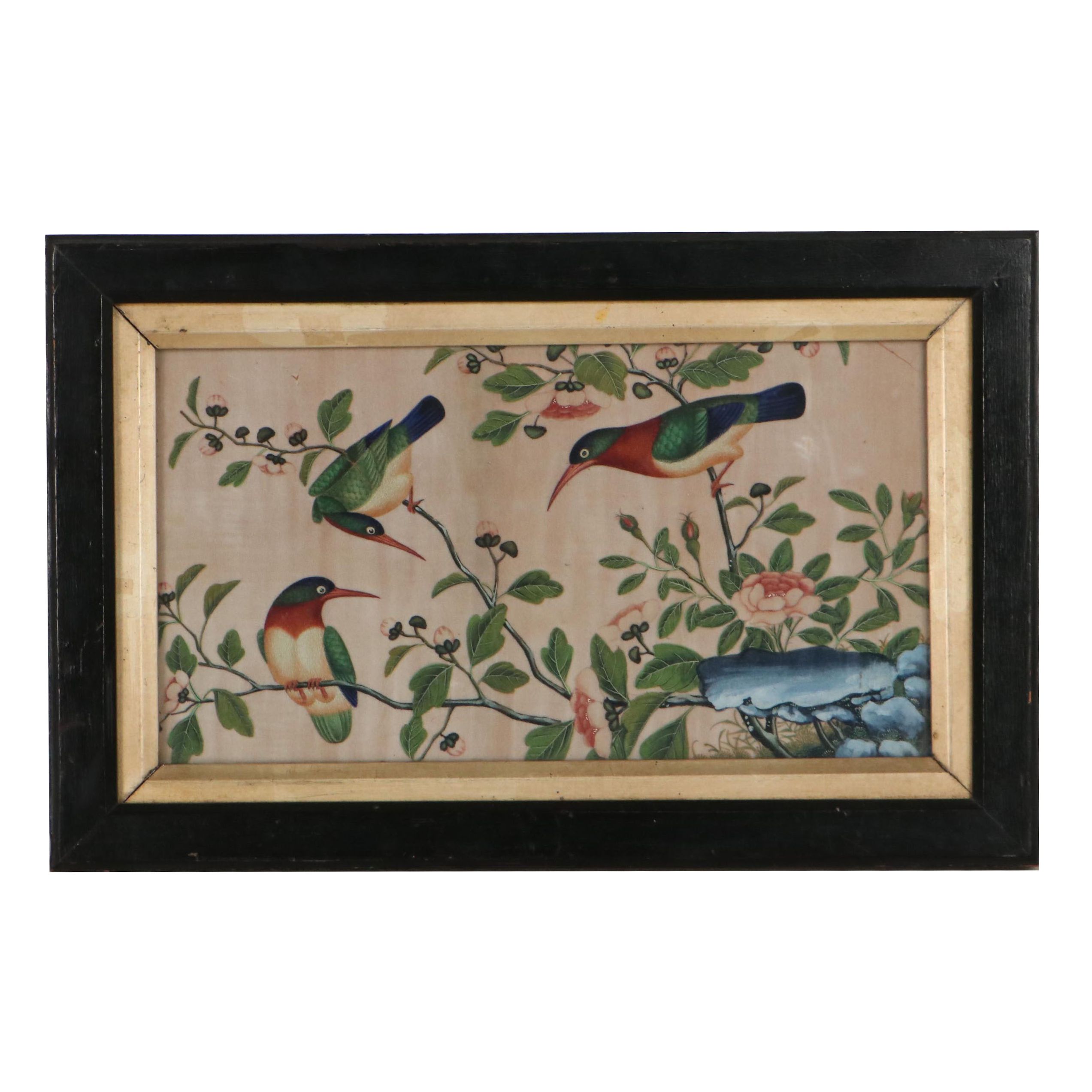 Chinese Pith Painting of Hummingbirds and Flowers, 19th Century