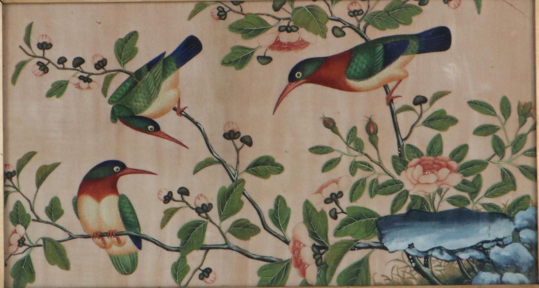Chinese Pith Painting of Hummingbirds and Flowers, 19th Century