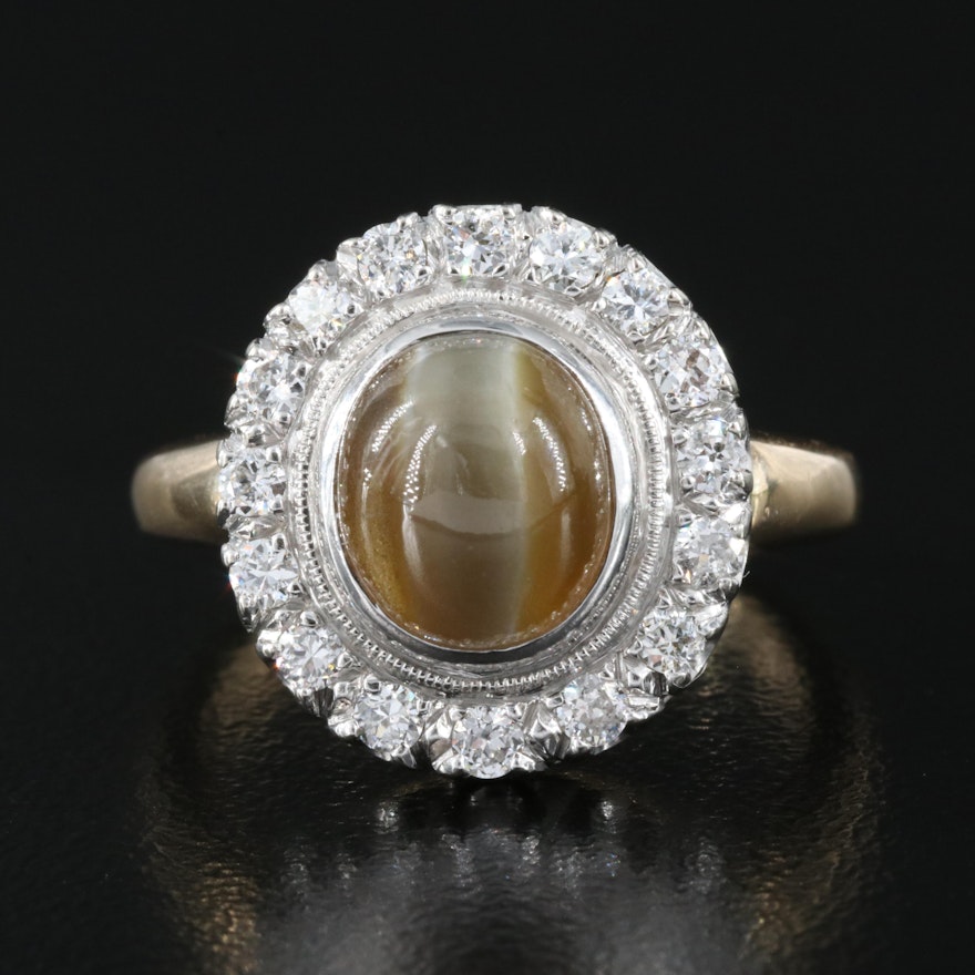 14K Cat's Eye Chrysoberyl and Diamond Halo Ring