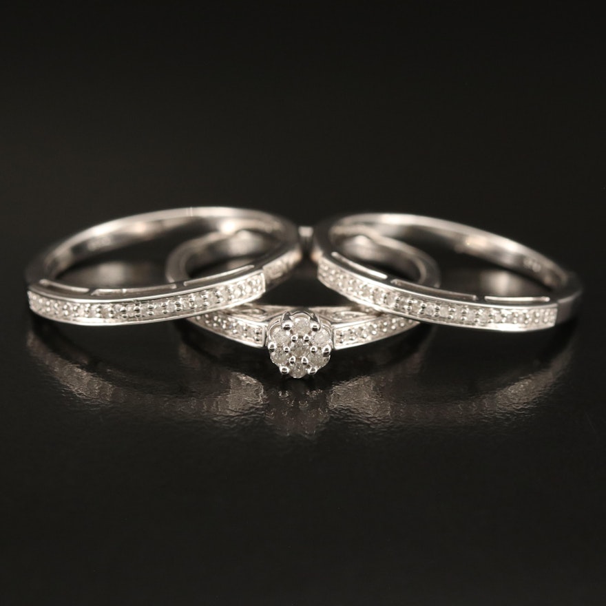 Sterling Diamond Ring and Bands Set