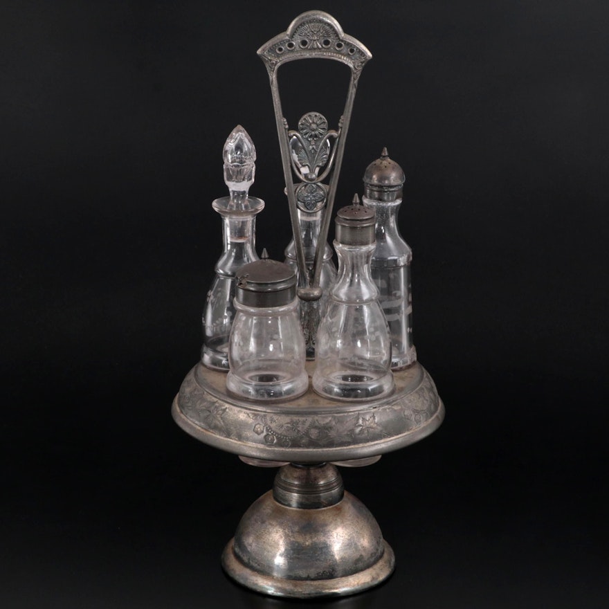 Derby Silver Co. Silver Plate and Etched Glass Cruet Set, Late 19th Century