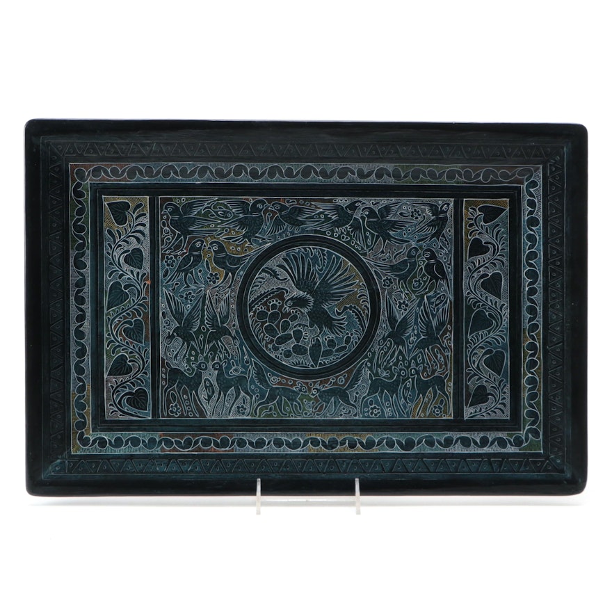 Indian Handcrafted Incised and Paint Decorated Wooden Tray with Animal Motif