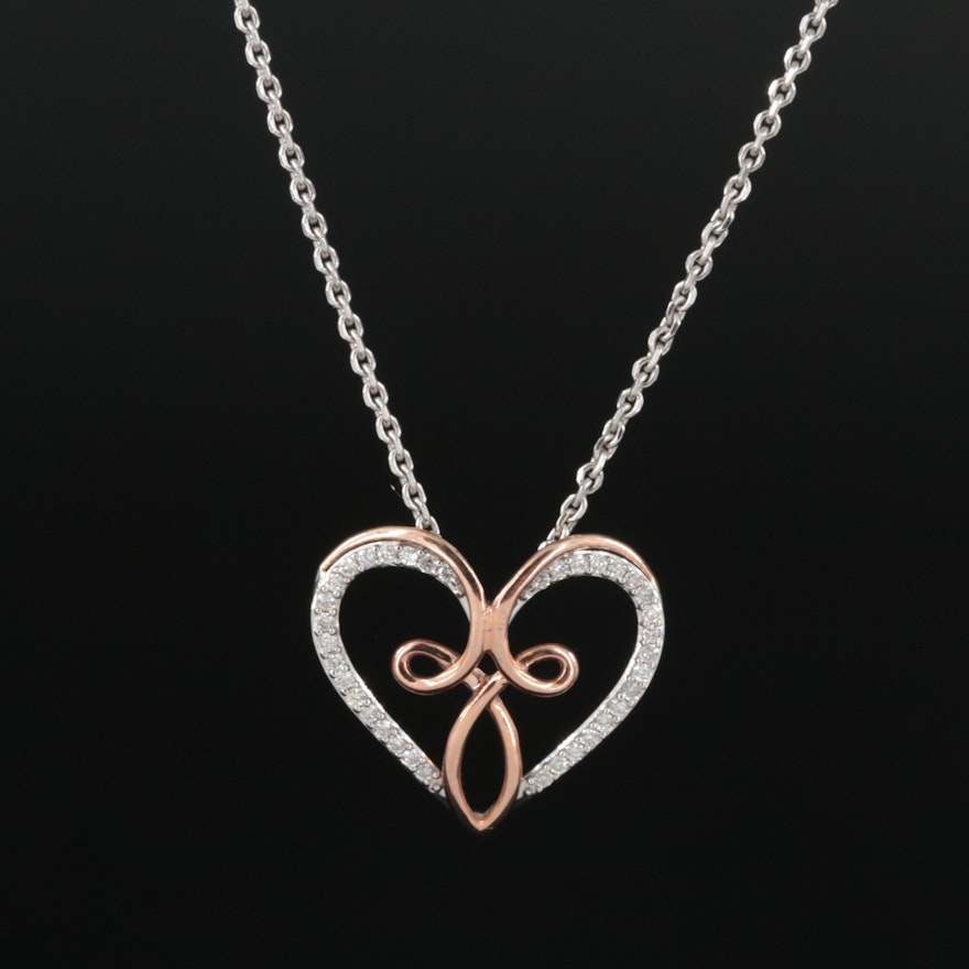 Hallmark Sterling Diamond Heart Pendant Necklace with 10K Rose Gold Cross Accent