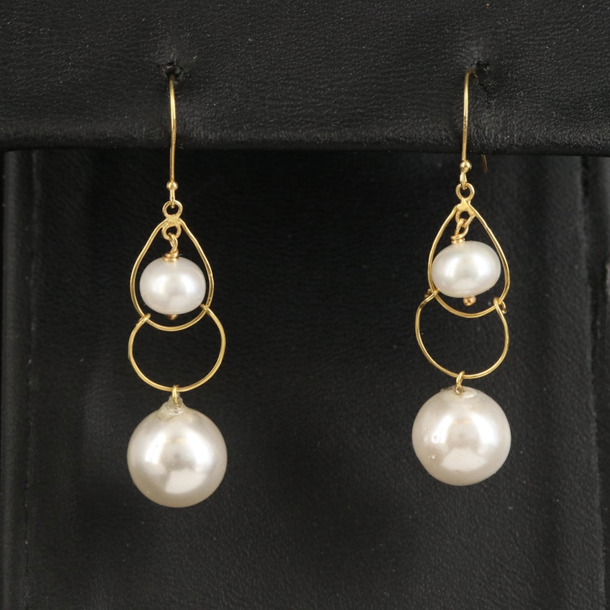 14K Button Pearl and Imitation Pearl Drop Earrings