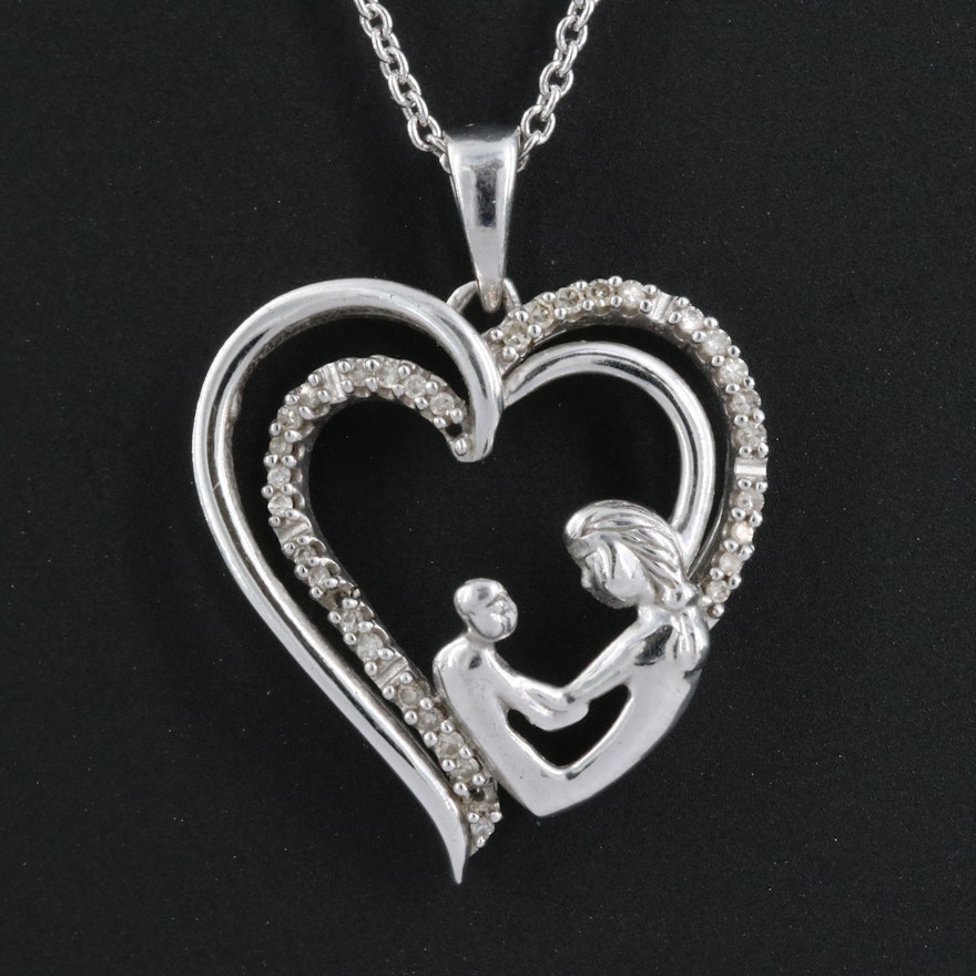 Sterling Diamond Mother and Child Heart Pendant Necklace