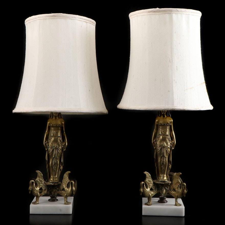 Pair of Neoclassical Brass and Marble Caryatid and Swan Lamps