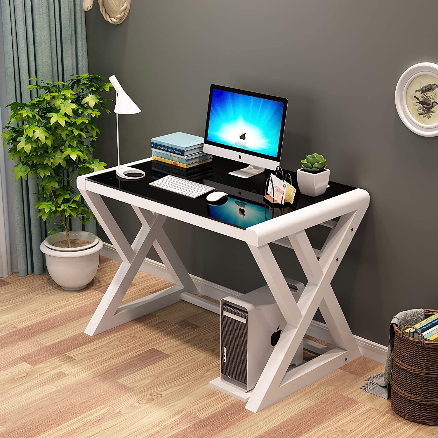 URRED White-Finished Carbon Steel Computer Desk with Black Glass Top