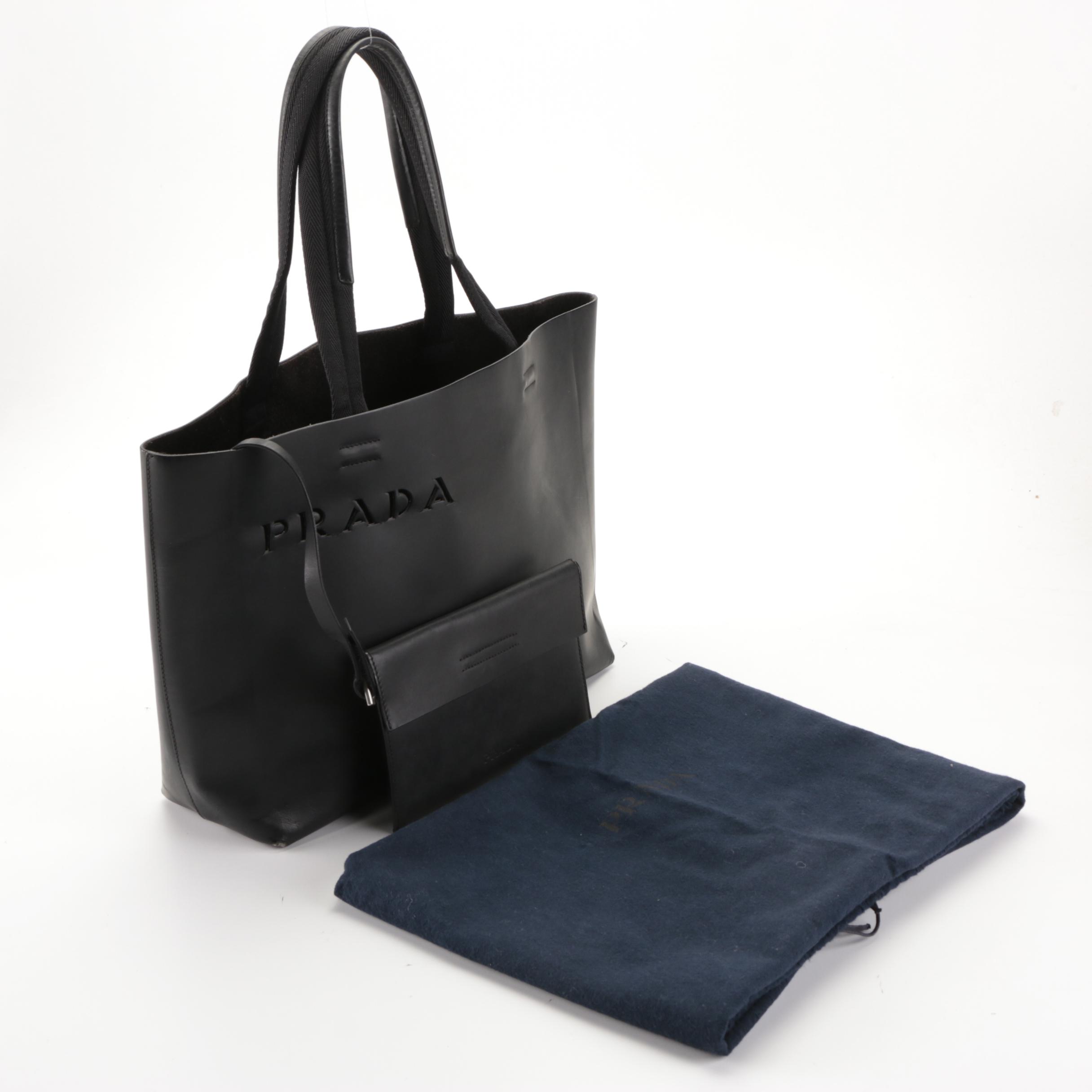 Prada Shopping Tote with Pouch in Smooth Black Leather