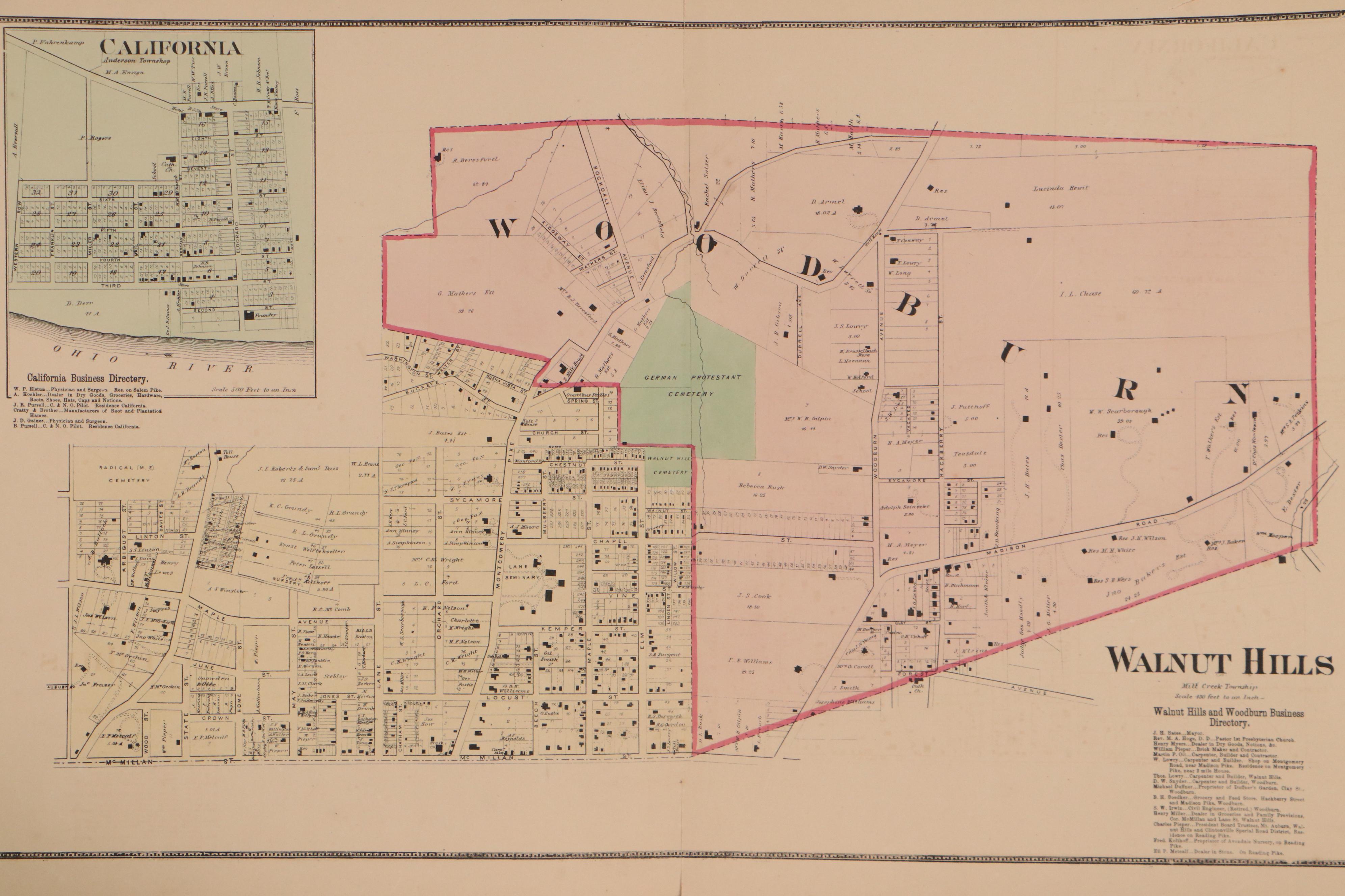 Hand-Colored Lithograph Map of Walnut Hills, Ohio, 1869