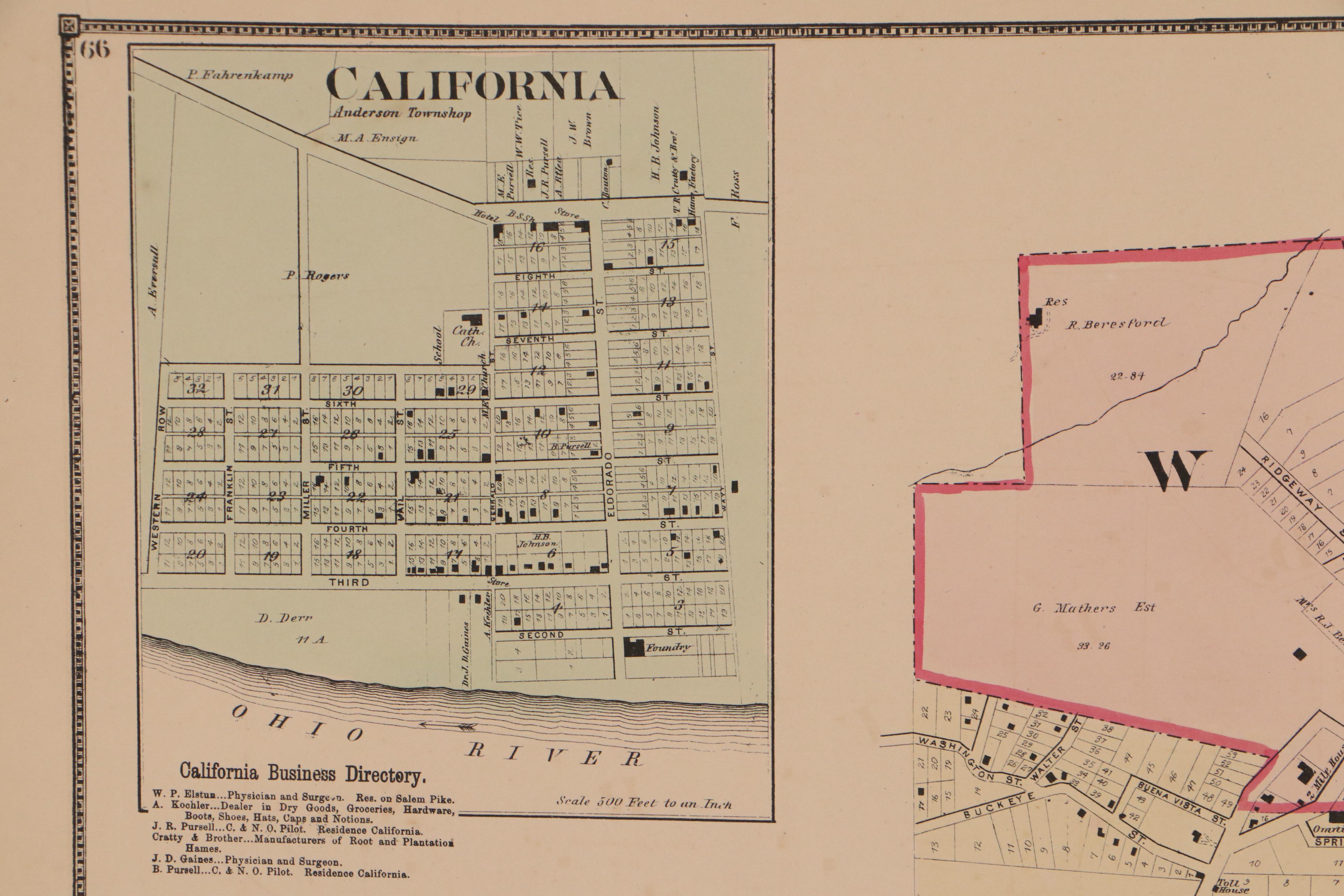 Hand-Colored Lithograph Map of Walnut Hills, Ohio, 1869