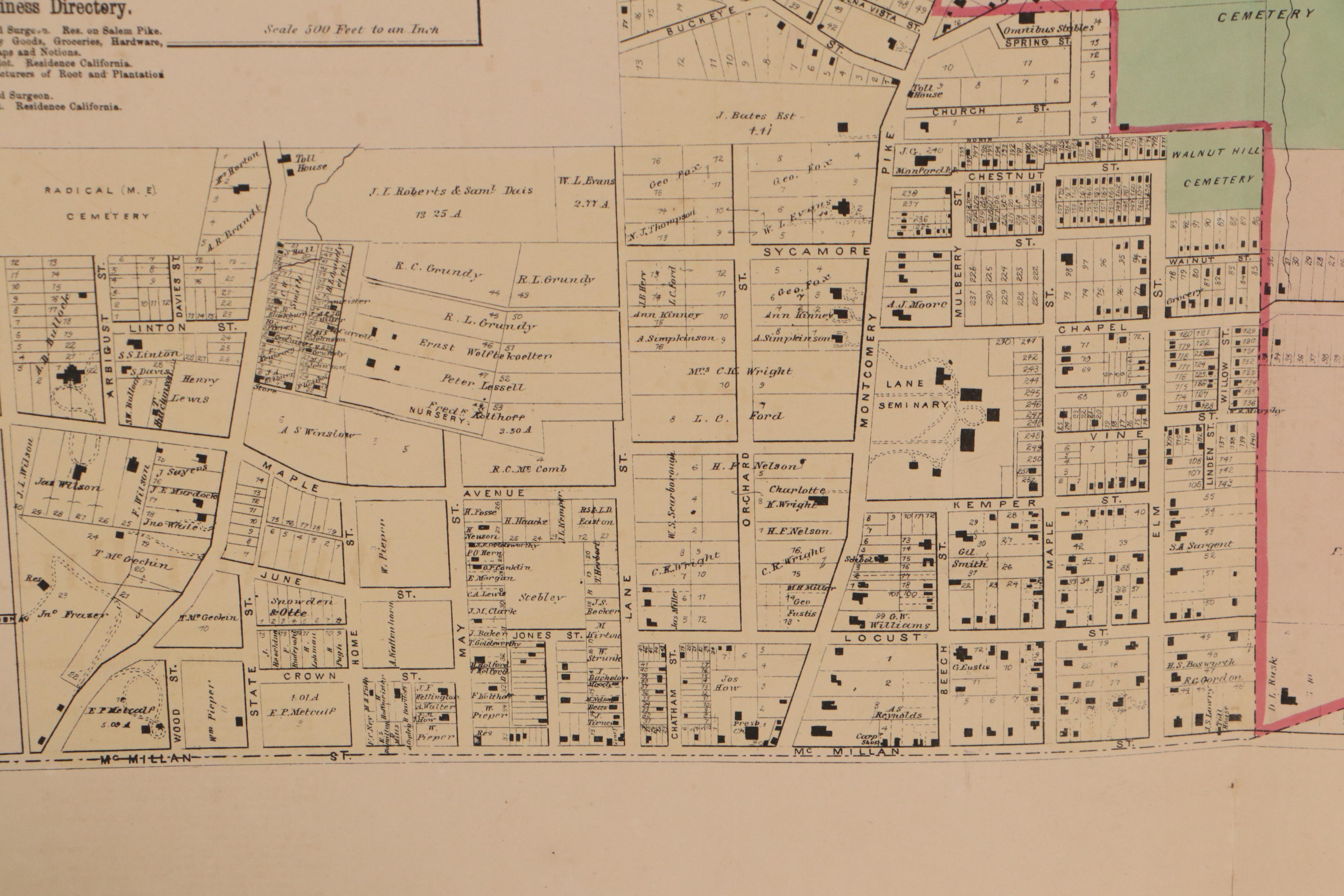 Hand-Colored Lithograph Map of Walnut Hills, Ohio, 1869